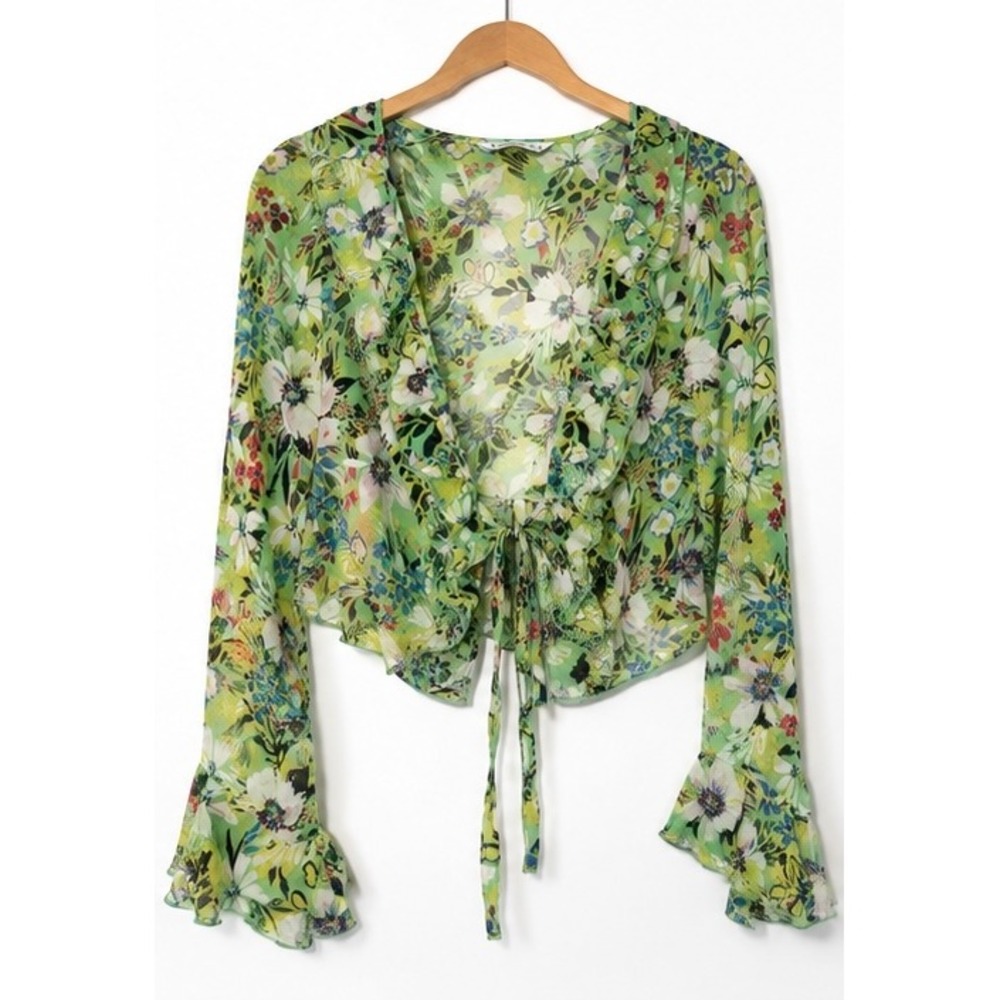 Stradivarius Green Floral Tie Front Ruffle Crop Top Bell Sleeve Blouse Size M